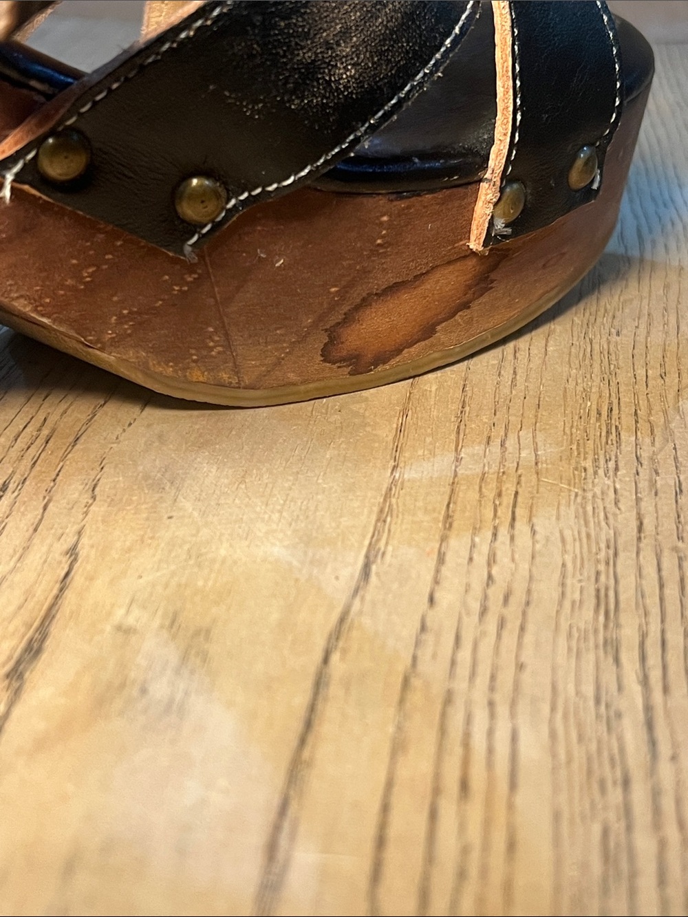Bed Stu Black Leather Platform Sandals with Wood Block Heel Ankle Strap Size 7 - Picture 9 of 9